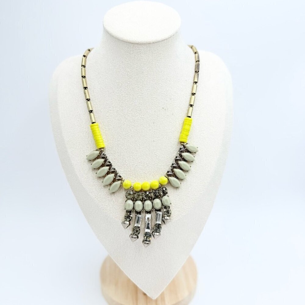 J. Crew Gold Tone Yellow & Gray Tribal Style Statement Necklace